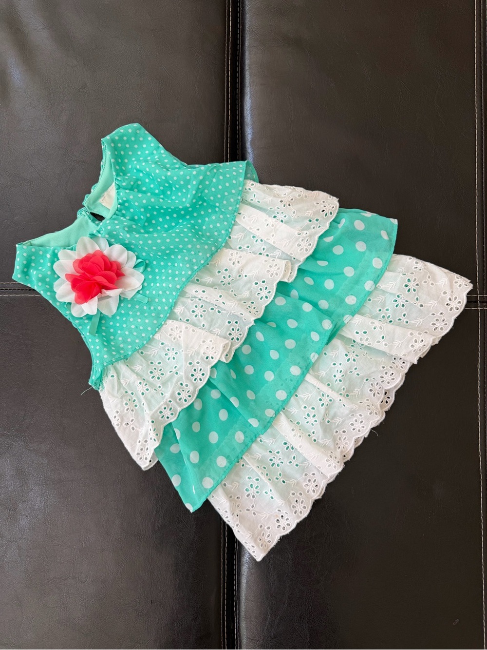 Rare Editions - Teal & White Layered Polka Dot Dress with Pink Flower